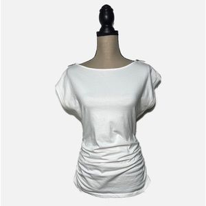 MICHAEL KORS WHITE TOP SILVER ZIPPER SHOULDERS AND ROUCHED SIDES size Me…